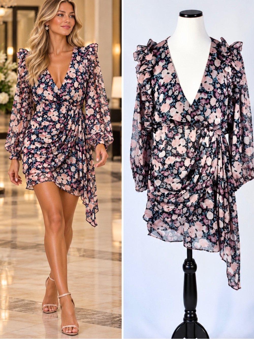 💥 Saylor Mychal Floral Ruffle Shoulder Draped Mini Dress Sz S💛